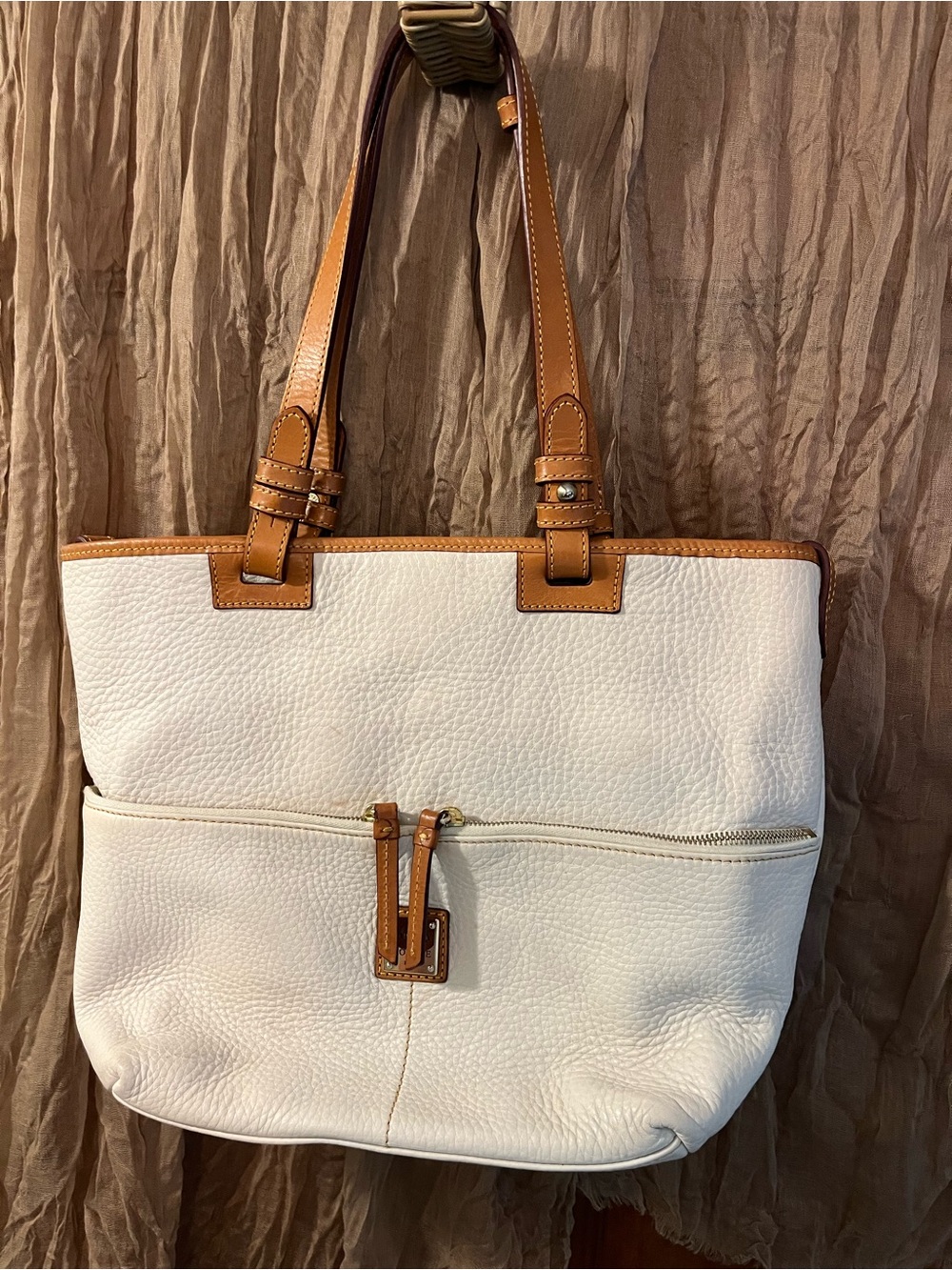 Dooney & Bourke White Leather Tote with Tan Trim
